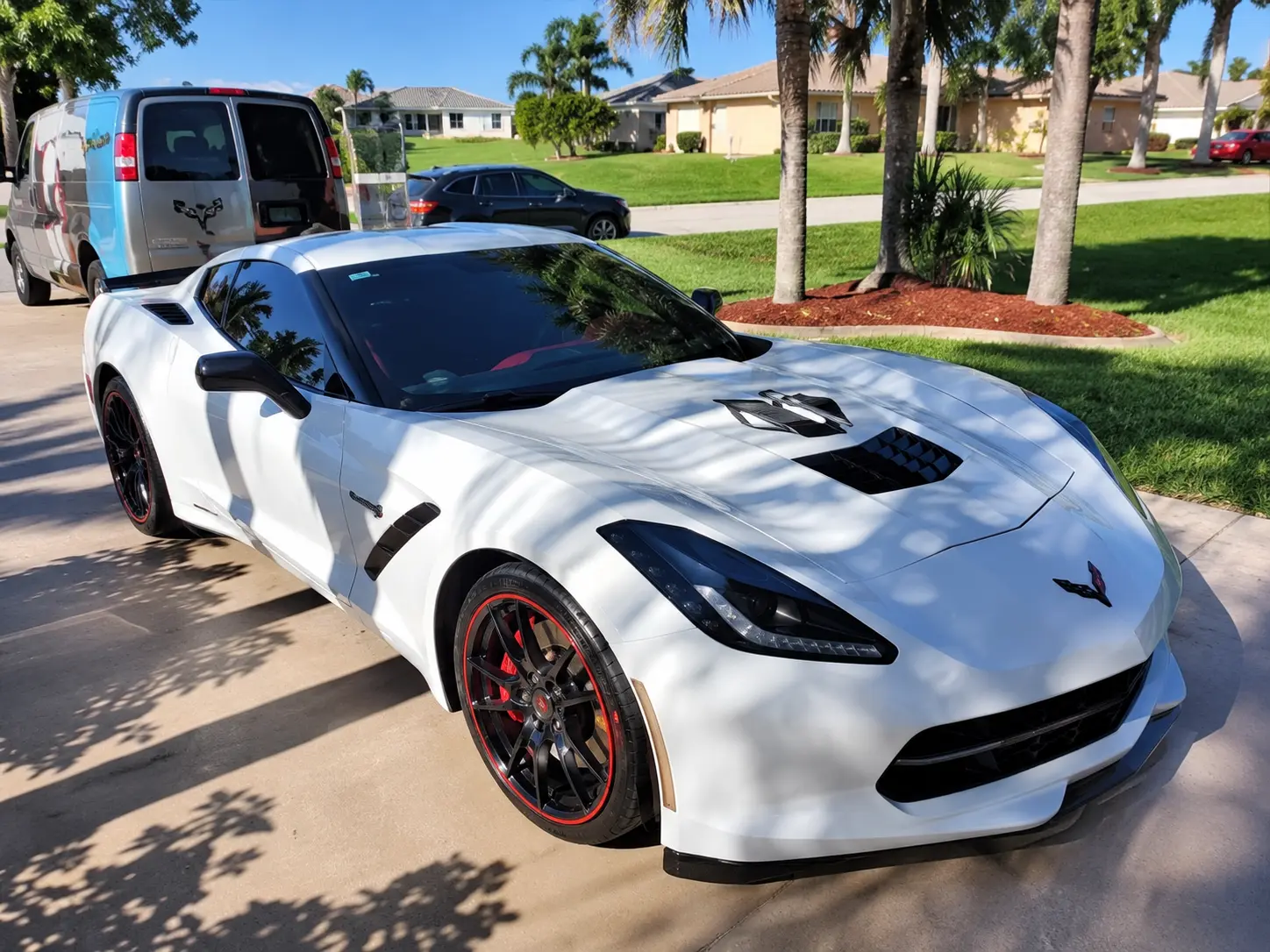 White Corvette sports car with red accents parked in residential driveway